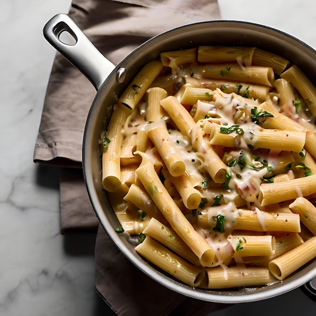 patelnia z rigatoni carbonara, która jest sosowana generowana przez AI