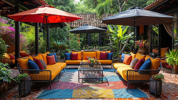 patio z stołem i krzesłami i stołem z dywanem z kolorowym dywanem na nim