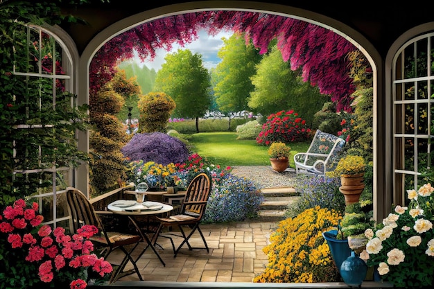 Patio z widokiem na spokojny ogród otoczony kolorowymi kwiatami i zielenią stworzoną za pomocą generatywnej sztucznej inteligencji