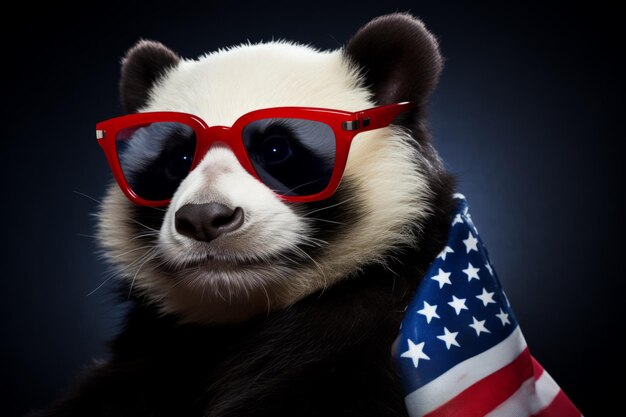 Patriotyczna panda z amerykańską flagą i czerwonymi okularami przeciwsłonecznymi