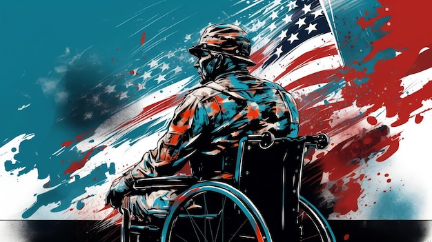 Patriotyczna waleczność ilustracja niepełnosprawnego weterana na wózku inwalidzkim przed amerykańską flagą