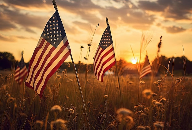 patriotyczne flagi amerykańskie na polu o zachodzie słońca w stylu fotografii analogowej