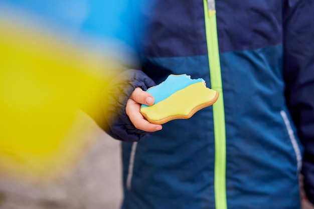 Patriotyczny mały chłopiec zjada ukraińskie symboliczne niebieskie i żółte ciastko Skopiuj miejsce Stań z Ukrainą Wspieraj Ukrainę Powstrzymaj rosyjską agresję Powstrzymaj wojnę na Ukrainie Módl się za Ukrainę