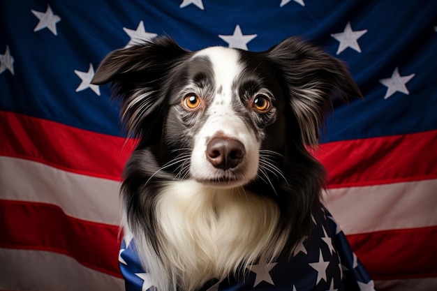 Patriotyczny pies pozujący przed amerykańską flagą