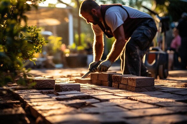 Paver kładący cegły na patio na dziedzińcu mieszkalnym Paver fotografuje obrazy