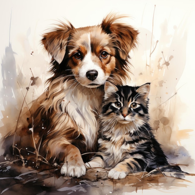 Pawsitively Adorable Watercolor Ilustracja miłości między kotami i psami Clipart Edition Isola