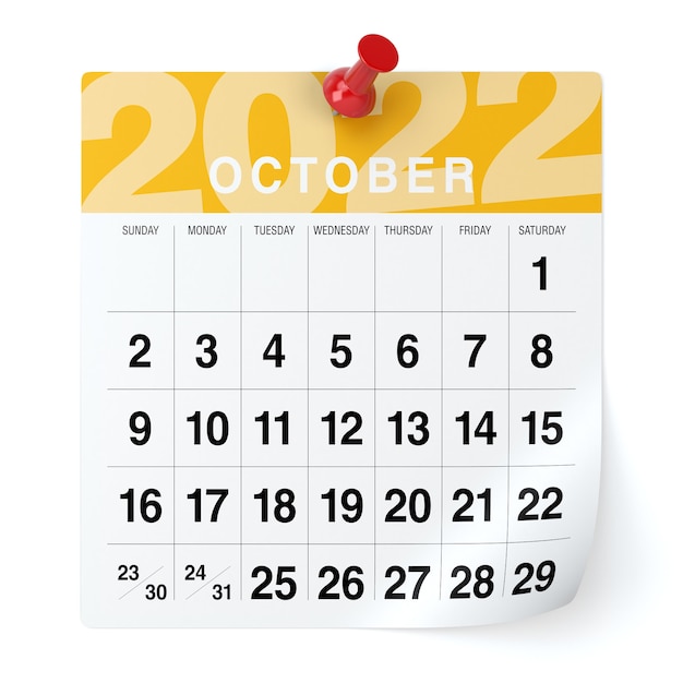 Październik 2022 - Kalendarz. Na Białym Tle. Ilustracja 3d
