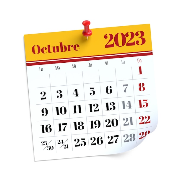 Październikowy kalendarz 2023 w języku hiszpańskim izolowany na białym tle ilustracja 3d