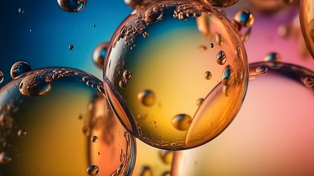 Pęcherzyki oleju w wodzie na kolorowym tle z bliska makro ai generowane