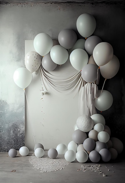 Zdjęcie pęczek balonów jest ułożony w pokoju z białymi drzwiami za nimi.