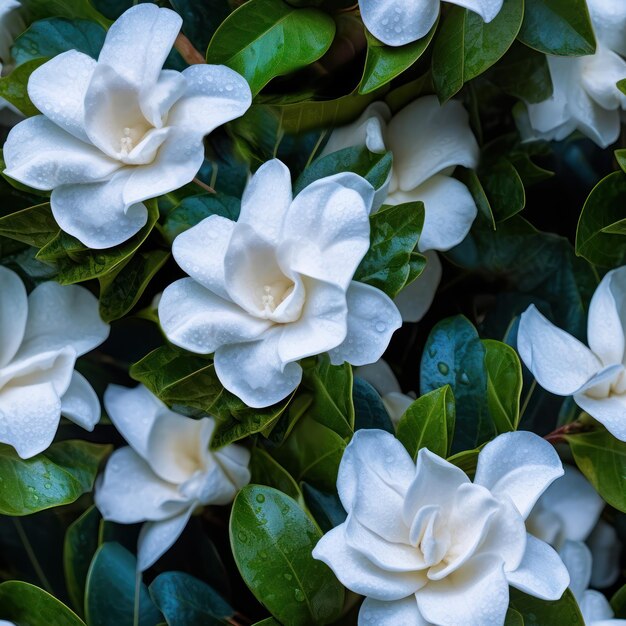 Pęczek białych kwiatów z zielonymi liśćmi na nich