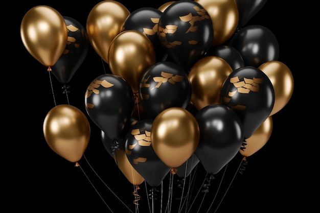 Pęczek czarno-złotych balonów ze złotymi i czarno-białymi wzorami.