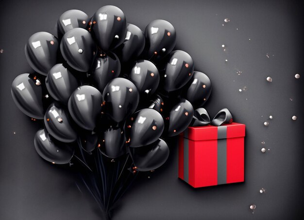 Zdjęcie pęczek czarnych balonów z czerwonym pudełkiem prezentowym