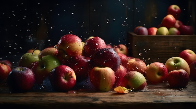 Pęczek jabłek na stole z kroplą wody spadającą z góry.