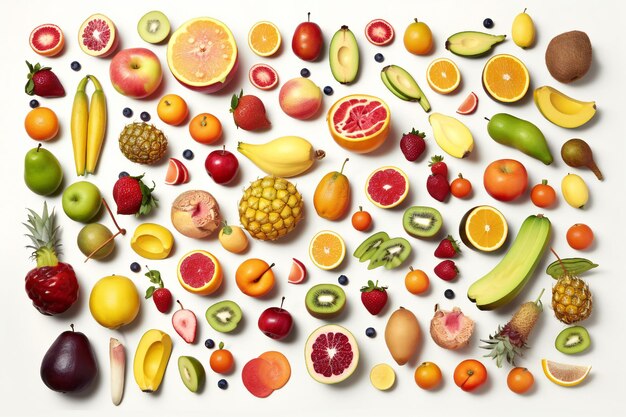 Pęczek owoców, w tym truskawki bananowe, jagody i inne owoce