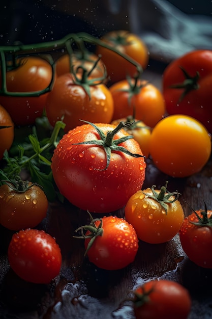 Pęczek pomidorów na stole z napisem „pomidor” z boku.