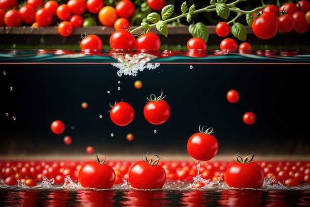 Pęczek pomidorów wpada do miski z unoszącymi się nad nimi kropelkami wody.