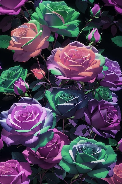 Pęczek różowych i fioletowych róż znajduje się na czarnym tle
