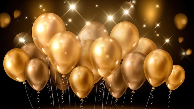 Zdjęcie pęczek złotych balonów z napisem birthday party na dole