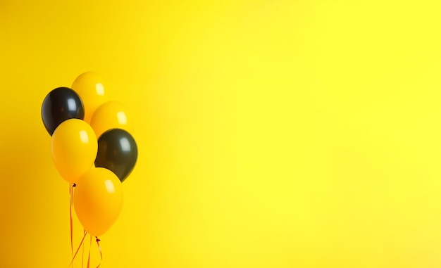 Pęczek żółtych balonów z czarnymi i pomarańczowymi balonami w tle.