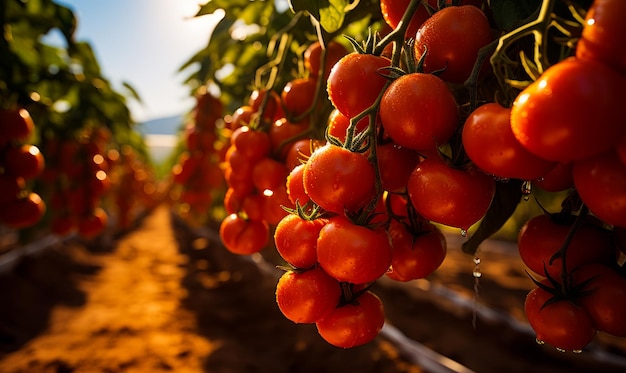 Pęczki czerwonych dojrzałych pomidorów wiszące na krzakach Rzędy warzyw rosnących w słońcu Generative AI