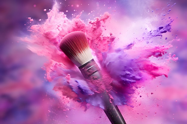 Pędzel do makijażu z wybuchem różowego i fioletowego proszku kolorowe piękno plusk zbliżenie kosmetycznego pro