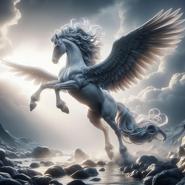 Pegasus lata nad oceanem z chmurnym niebem na tle