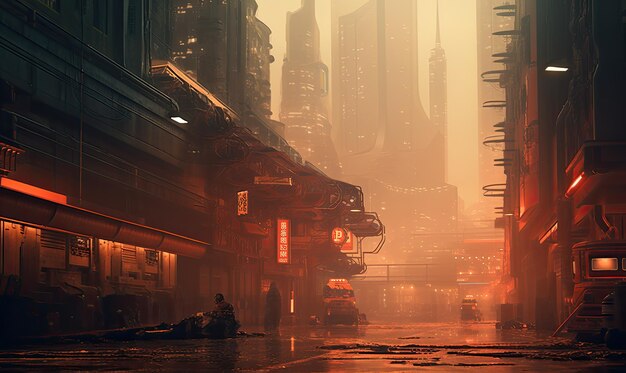 Pejzaż miasta Blade Runner we mgle renderowania 3D