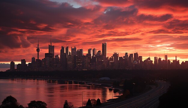 Zdjęcie pejzaż miejski o zmierzchu sylwetka drapaczy chmur na tle oświetlonego odbicia zachodu słońca generowanego przez sztuczną inteligencję