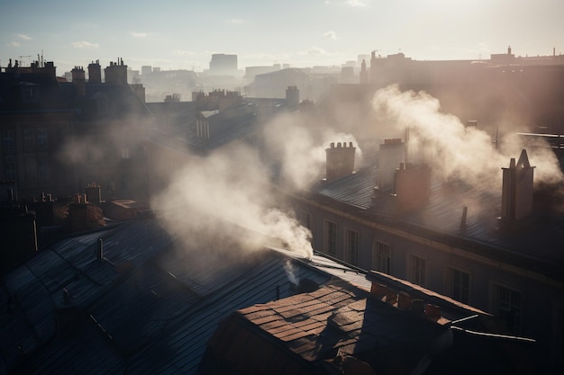 Pejzaż miejski z dymem unoszącym się z dachu budynku.