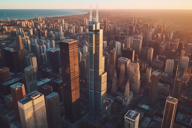 Pejzaż miejski z wieżowcem na pierwszym planie i panoramą Chicago w tle.