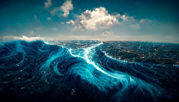 Pejzaż morski fantasy z pięknymi falami i pianką Piana na falach wody Widok z góry fal oceanu Gołąb wody tło ilustracja 3d