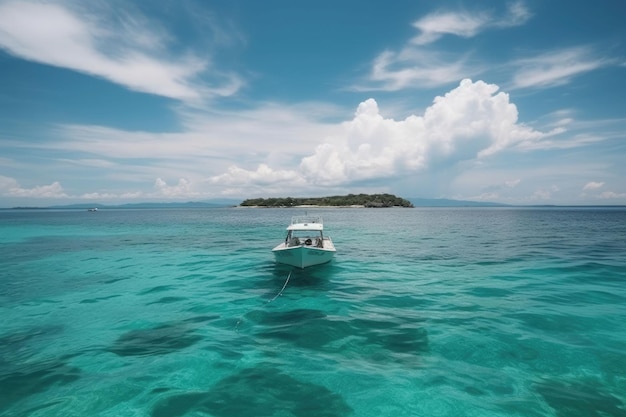 Pejzaż morski z łodzią w pobliżu plaży Pływająca łódź na błękitne morze w słoneczny dzień Generative AI