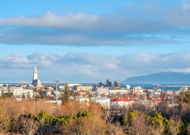 Pejzaż Reykjaviku, stolicy Islandii, z punktu widokowego na tarasie Perlan Observatory