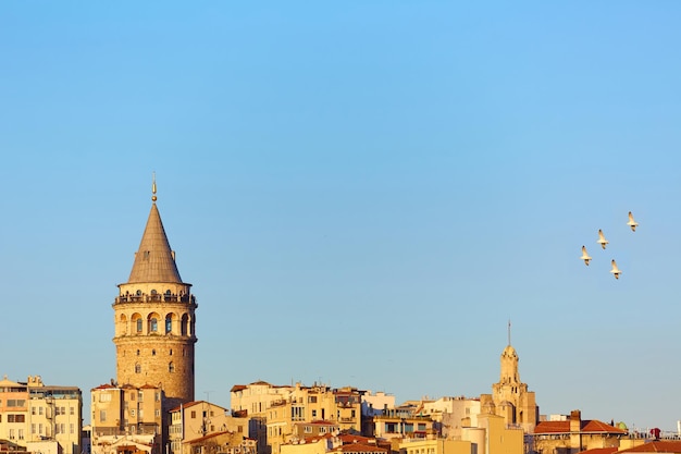 Pejzaż Stambułu w Turcji z wieżą Galata XIV-wiecznym punktem orientacyjnym pośrodku