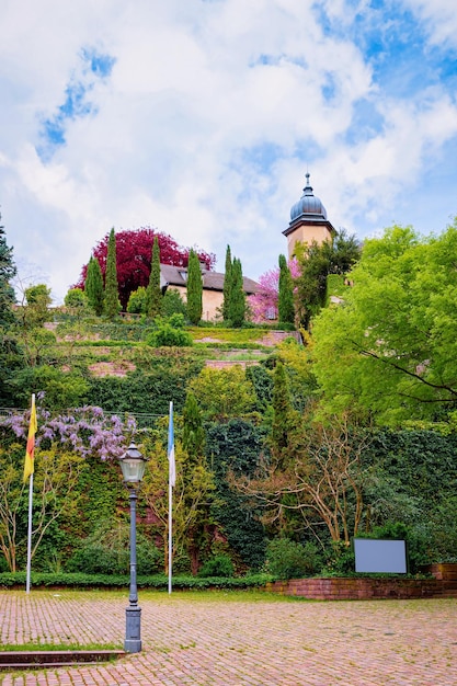 Pejzaż z wieży zamkowej w starym mieście w Baden Baden regionu Badenii-Wirtembergii w Niemczech. Widok krajobrazu i architektury w Bath and spa Niemieckie miasto w Europie. Charakterystyczna sceneria i przyroda.