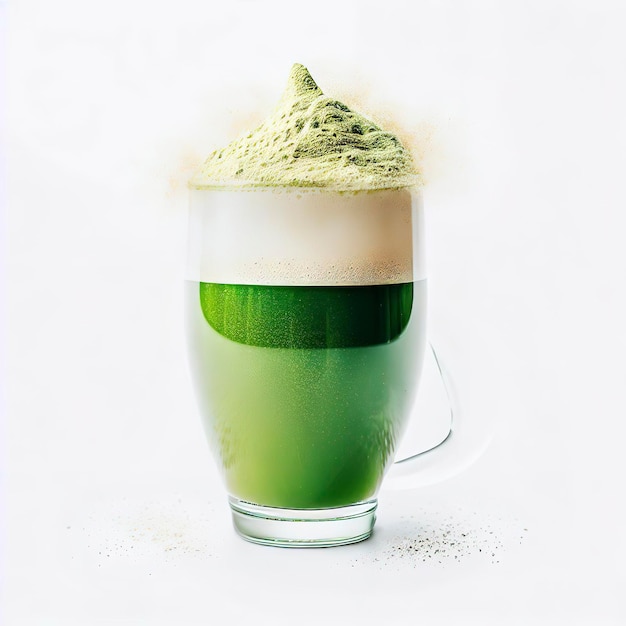 Zdjęcie pękający zielony eliksir szklanka matcha latte z proszkiem na białym tle