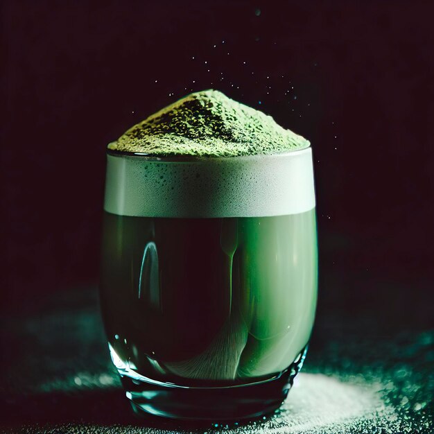 Zdjęcie pękający zielony eliksir szklanka matcha latte z proszkiem