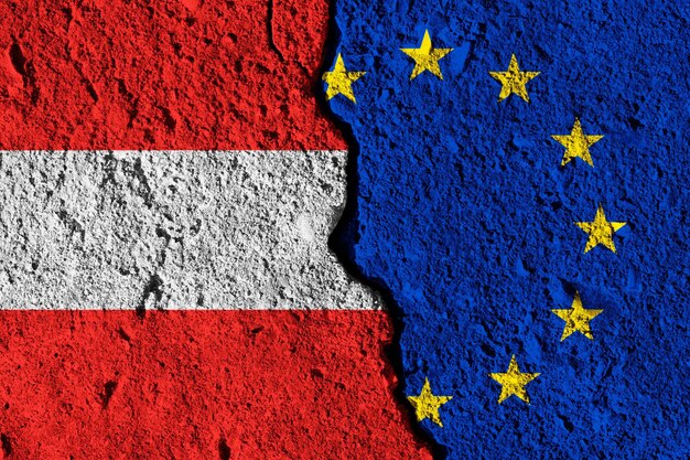 Pęknięcie między koncepcją stosunków politycznych flagi Unii Europejskiej i Austrii