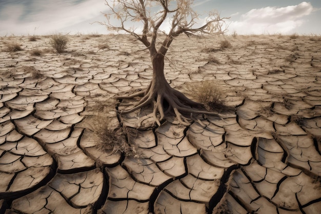 Pęknięta ziemia i zwiędłe drzewo przedstawiają poważną suszę