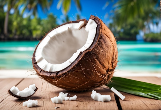 Pęknięty kokos na niewyraźnym tropikalnym tle Generatywna AI
