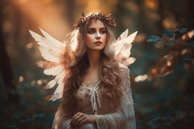 Pełen wdzięku dziewczyna elf w lesie ze skrzydłami w sukience i koronie wygląda niesamowicie