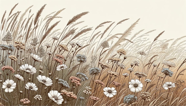 Pełen wdzięku polne kwiaty i wysokie trawy Neutralna paleta szkiców obejmująca wiosenną bryzę