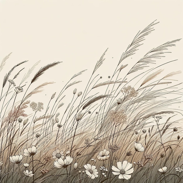 Pełen wdzięku polne kwiaty i wysokie trawy Neutralna paleta szkiców obejmująca wiosenną bryzę