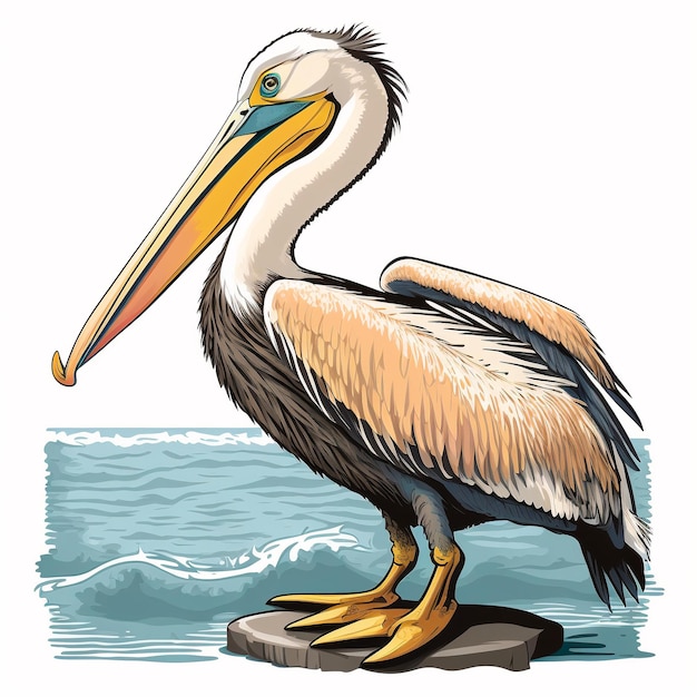 Pelikan stoi na skale przed oceanem.