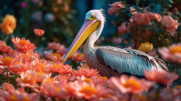 Pelikan w duszpasterskim ogrodzie kwiatowym Estetyczny urok