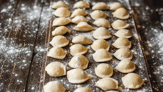 Pelmeni, Pierogi Z Mięsem Na Ciemnym Tle Drewna. świeże Ciasto.