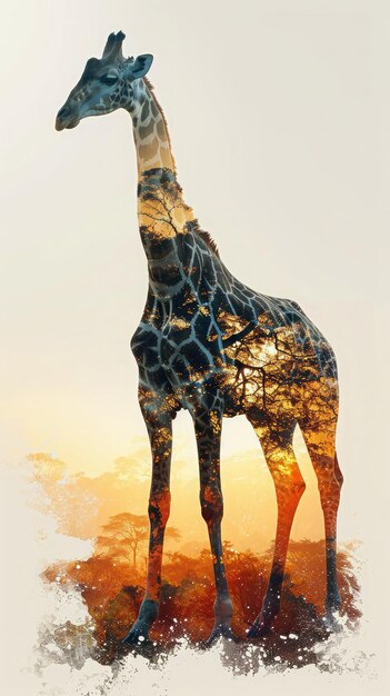 pełna boczna sylwetka żyrafy z podwójną ekspozycją afrykańskiej sawanny w sylwetce