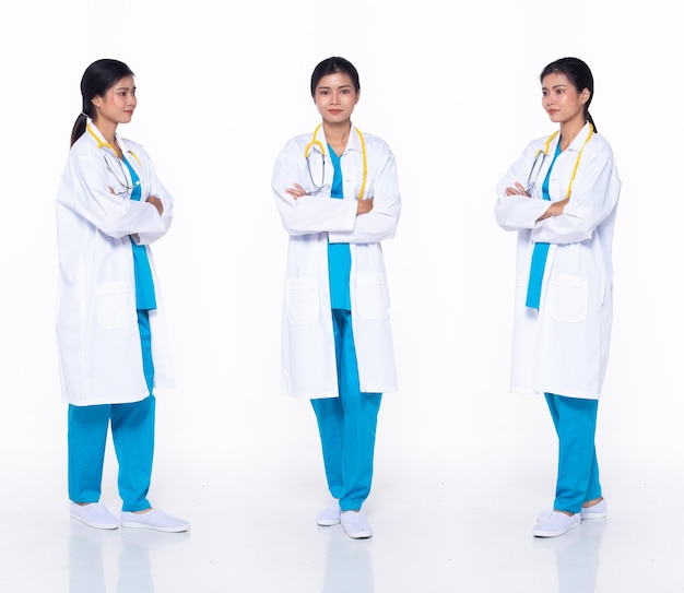 Pełna długość 30s Azjatycka kobieta naukowiec chirurg Lekarz krzyż ręce pewny siebie