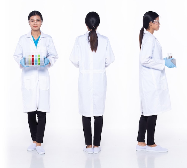 Pełna długość 30s Azjatycka kobieta naukowiec nauka lekarz 360 przód tył tył